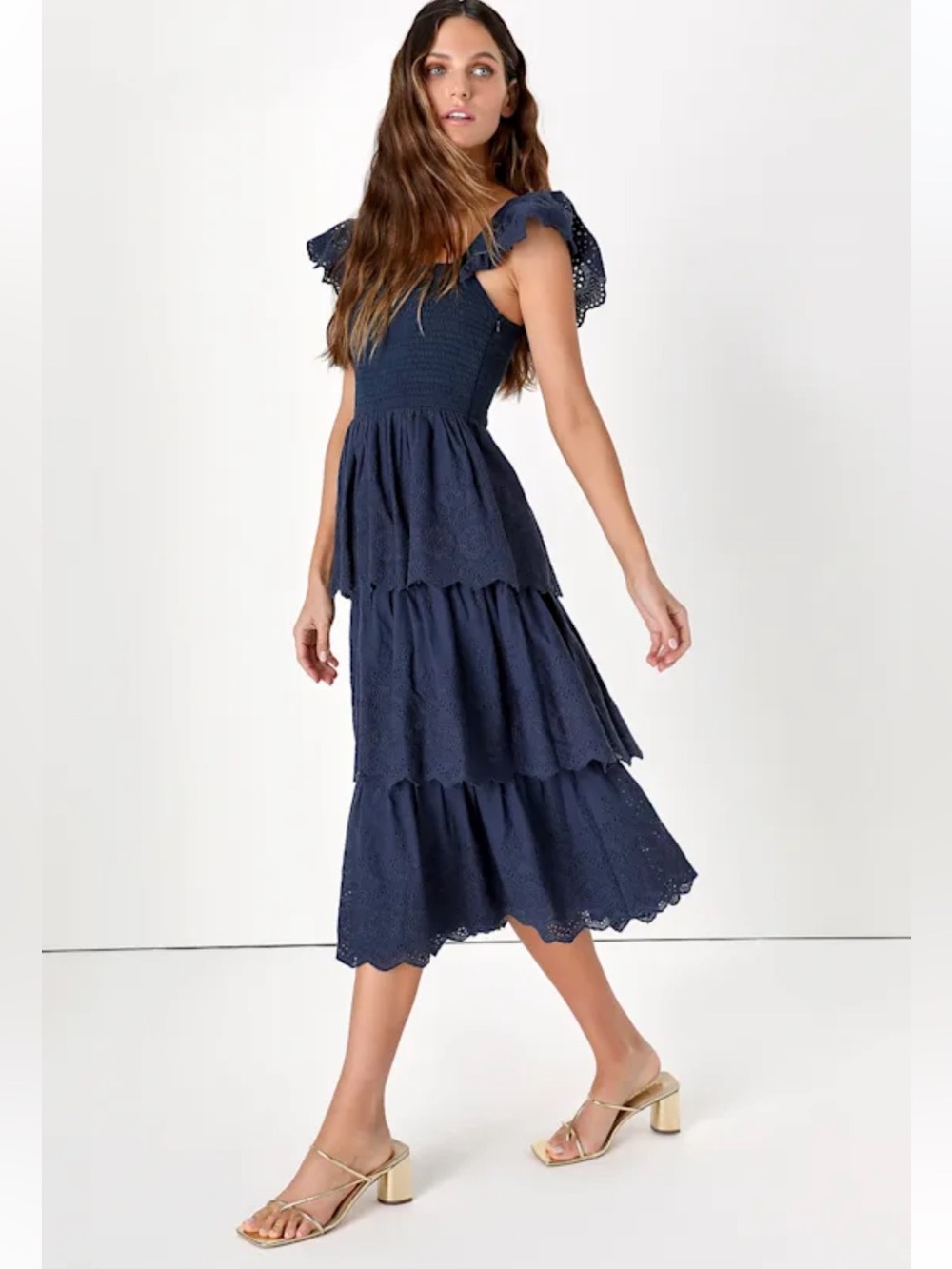 AUDREY PARKS + Francesca's Collections Navy Eyelet Tiered Midi Dress. Size S